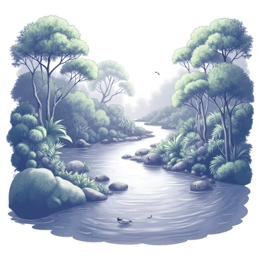 A winding river flows through a dense rainforest filled with diverse vegetation. Lush green trees with broad leaves surround the water, creating a vibrant canopy overhead. Various plants, vines, and ferns grow abundantly along the riverbanks, forming a rich and intricate ecosystem. In the distance, the sounds of wildlife can be heard, indicating the presence of various animals, including birds perched on branches and insects buzzing around. The sunlight filters through the foliage, casting dappled shadows on the river's surface.