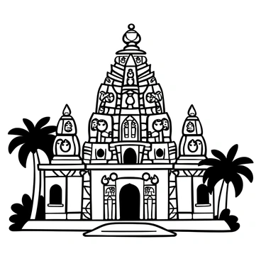 An intricate traditional Kerala temple with detailed wood carvings on the walls, showcasing various mythological scenes and figures. The temple's grand entrance is adorned with elaborate sculptures of deities, surrounded by floral motifs and geometric patterns. Tall stone pillars support the temple structure, each featuring unique carvings that tell stories of ancient traditions. The temple roof is decorated with ornate elements, highlighting the craftsmanship involved in its construction. In the foreground, lush greenery surrounds the temple, with palm trees gently swaying nearby.