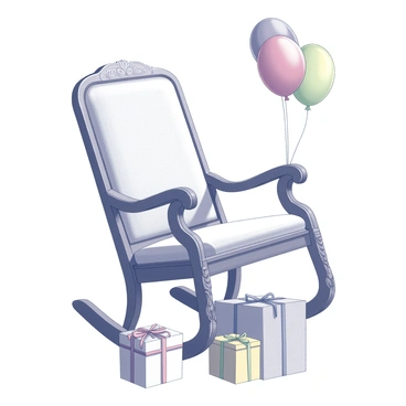 A rocking chair positioned in a cozy room setting. The chair is upholstered with soft fabric and features elaborate carvings on the armrests and legs. Surrounding the chair are colorful balloons tied to the arm of the chair, gently swaying as if in a breeze. Beneath the seat, there are neatly wrapped gifts with various decorative ribbons and bows placed carefully around the base of the rocking chair. The gifts vary in size and shape, creating an inviting atmosphere for a baby shower.