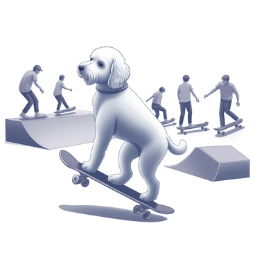 A goldendoodle with fluffy fur is balancing on a skateboard. The dog stands confidently on the skateboard, with its front paws slightly raised, maintaining its balance. The skateboard is positioned on a smooth surface, surrounded by various skate park elements such as ramps and rails. In the background, there are several figures on skateboards and scooters in action, showcasing tricks and jumps. The scene captures a lively atmosphere with dynamic movements and a variety of shapes among the skaters and park features.