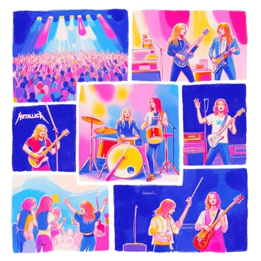 A montage includes a series of scenes from iconic Metallica gigs across different eras. The first scene shows a large crowd with raised hands, illuminated by bright stage lights. The band members are wearing black leather jackets and playing their instruments passionately. In another scene, fans are shown jumping and singing along, their faces filled with excitement. A third scene captures a drummer with long hair, intensely focused on his performance, while colorful lights flash above. Additional scenes depict various outfits worn by the band throughout the years, including vintage T-shirts and modern stage attire, showcasing the evolution of their style. The backgrounds are filled with elaborate stage setups featuring large amplifiers and banners displaying the Metallica logo.