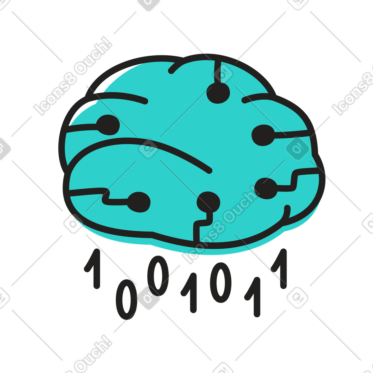 Ilustración Cerebro de inteligencia artificial, red neuronal y código binario en estilo Little a descargar en PNG SVG