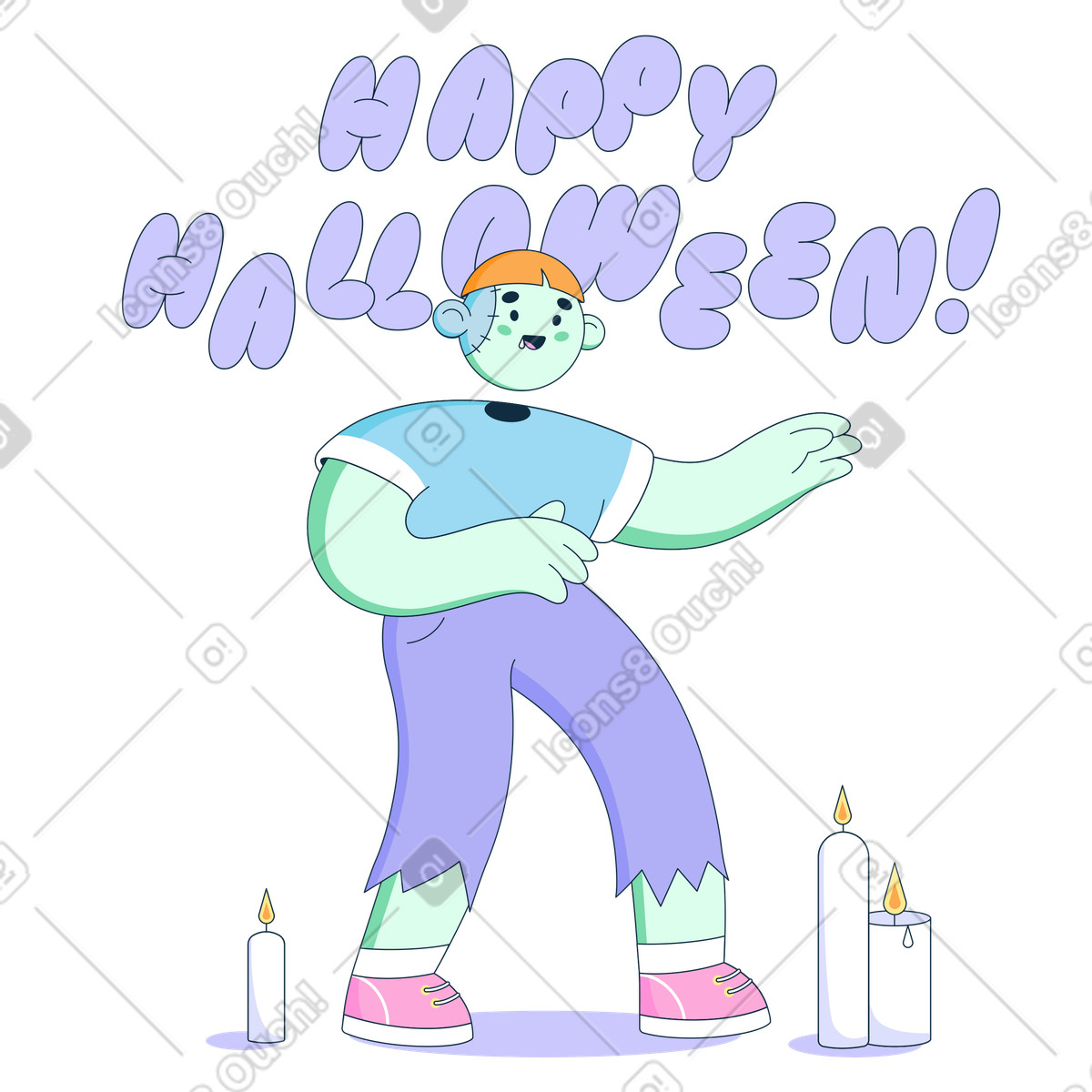 Happy Halloween lettering with zombie illustration in Bubble gum style download in PNG, SVG