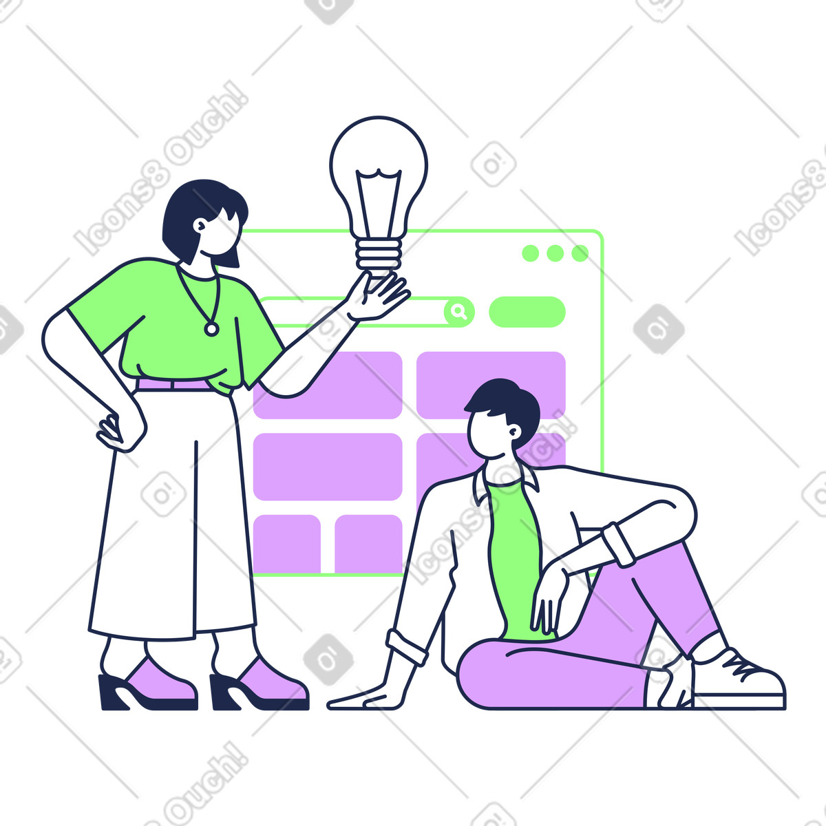 Outline 스타일의 Colleagues brainstorming with lightbulb, Collaboration, planning and teamwork 일러스트레이션 PNG, SVG 다운로드
