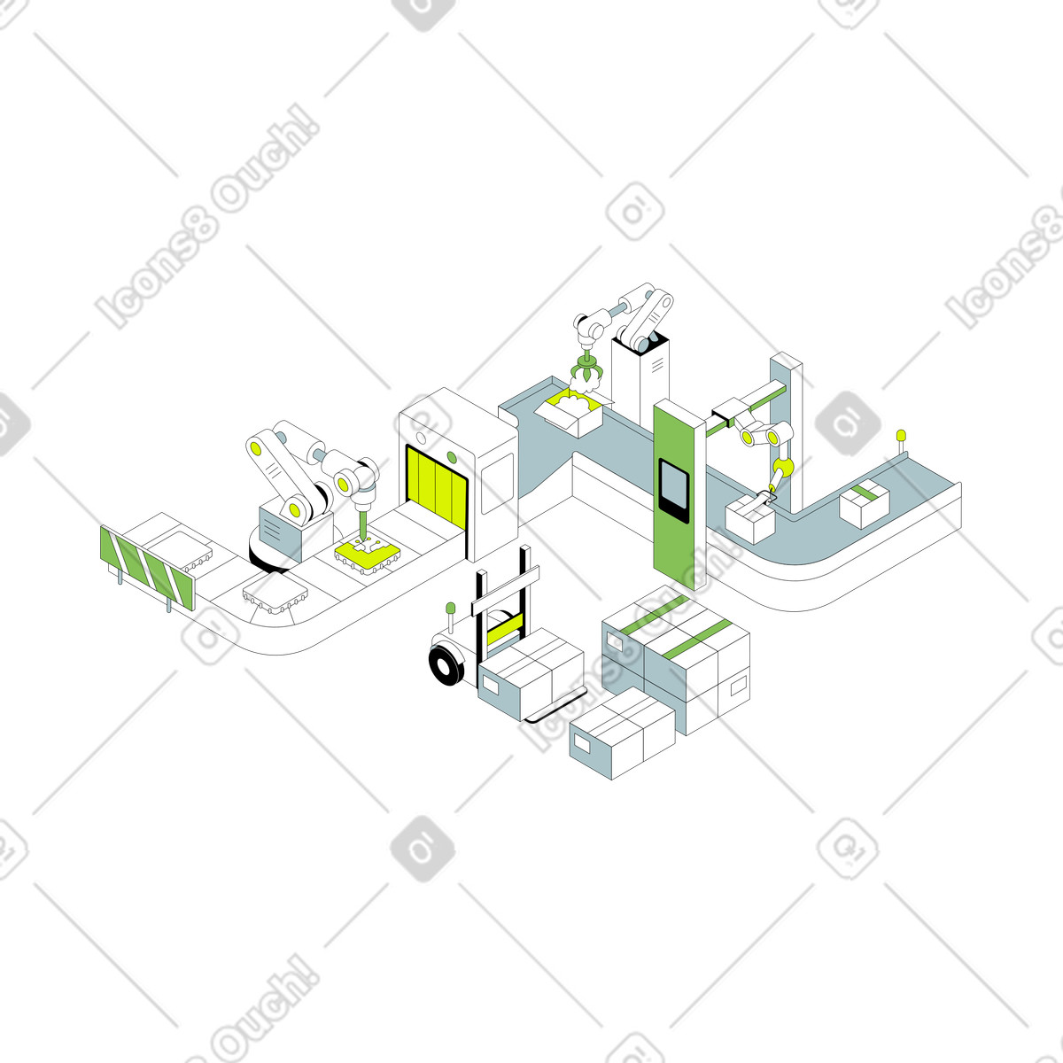 Illustration animée Production intelligente en usine dans le style Isometric à télécharger aux formats GIF, Lottie (JSON), AE