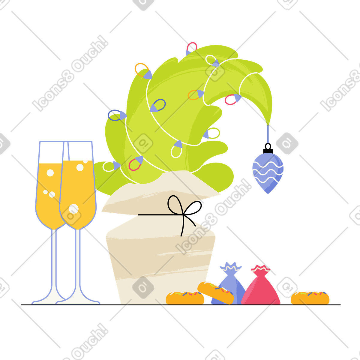 Christmas tree with sparkling champagne and sweets, Holiday celebration or seasonal gathering-Illustration im Juicy-Stil als Download in PNG, SVG