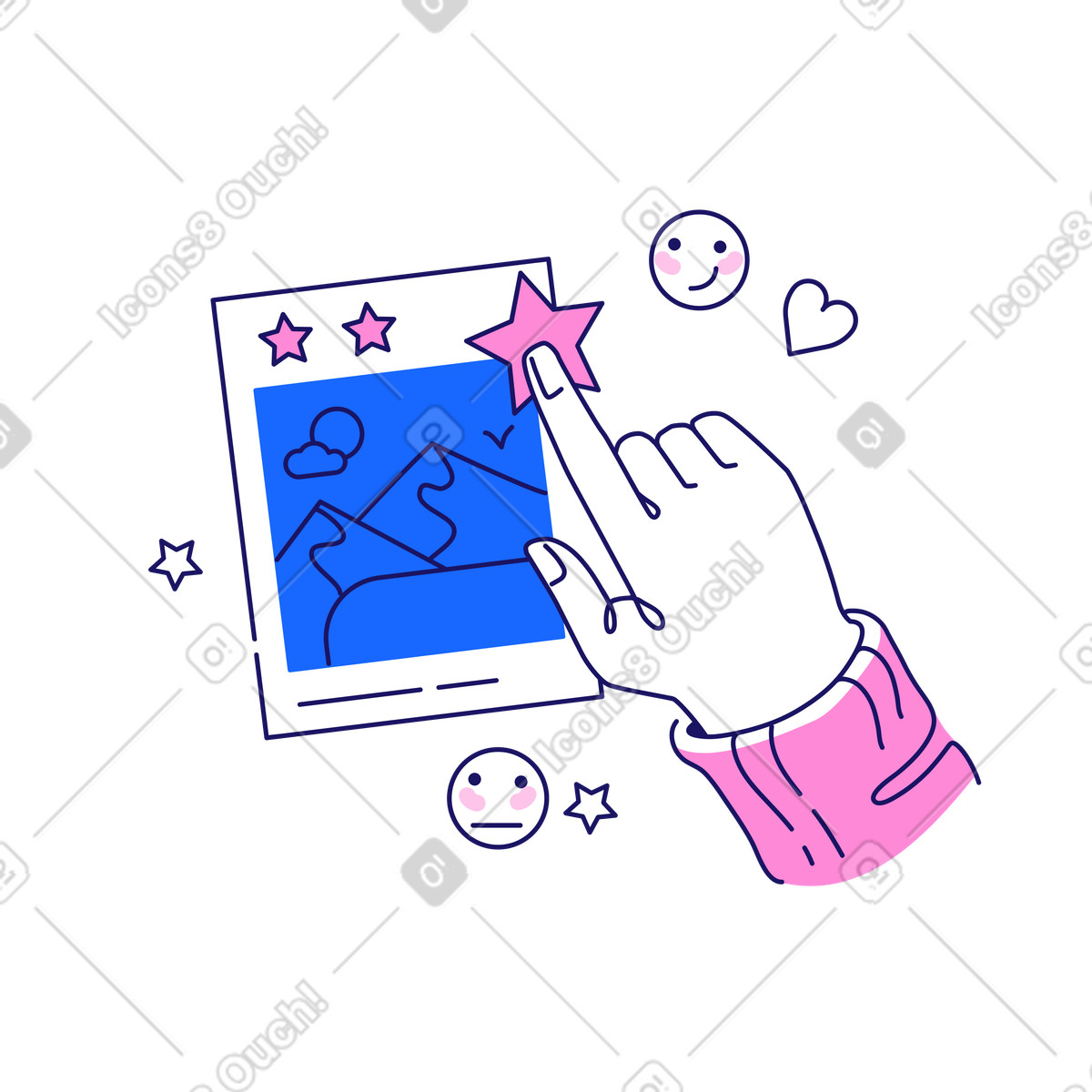 Ilustración Rating photo post with stars, Online content review or user engagement en estilo Matey a descargar en PNG y SVG