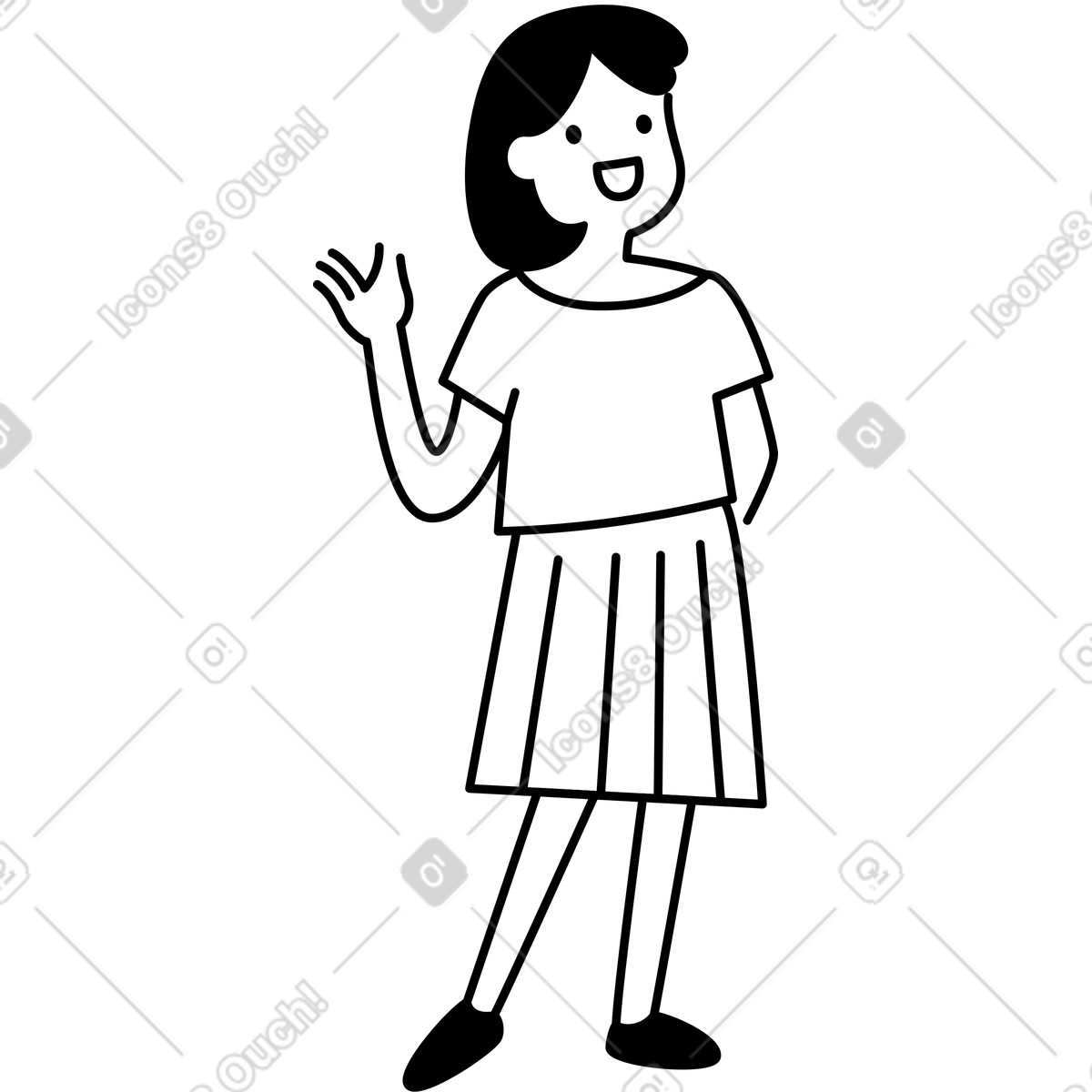 Иллюстрация Character waving hand wearing t shirt and pleated skirt smiling в стиле Notion Line Art — скачать в форматах PNG, SVG