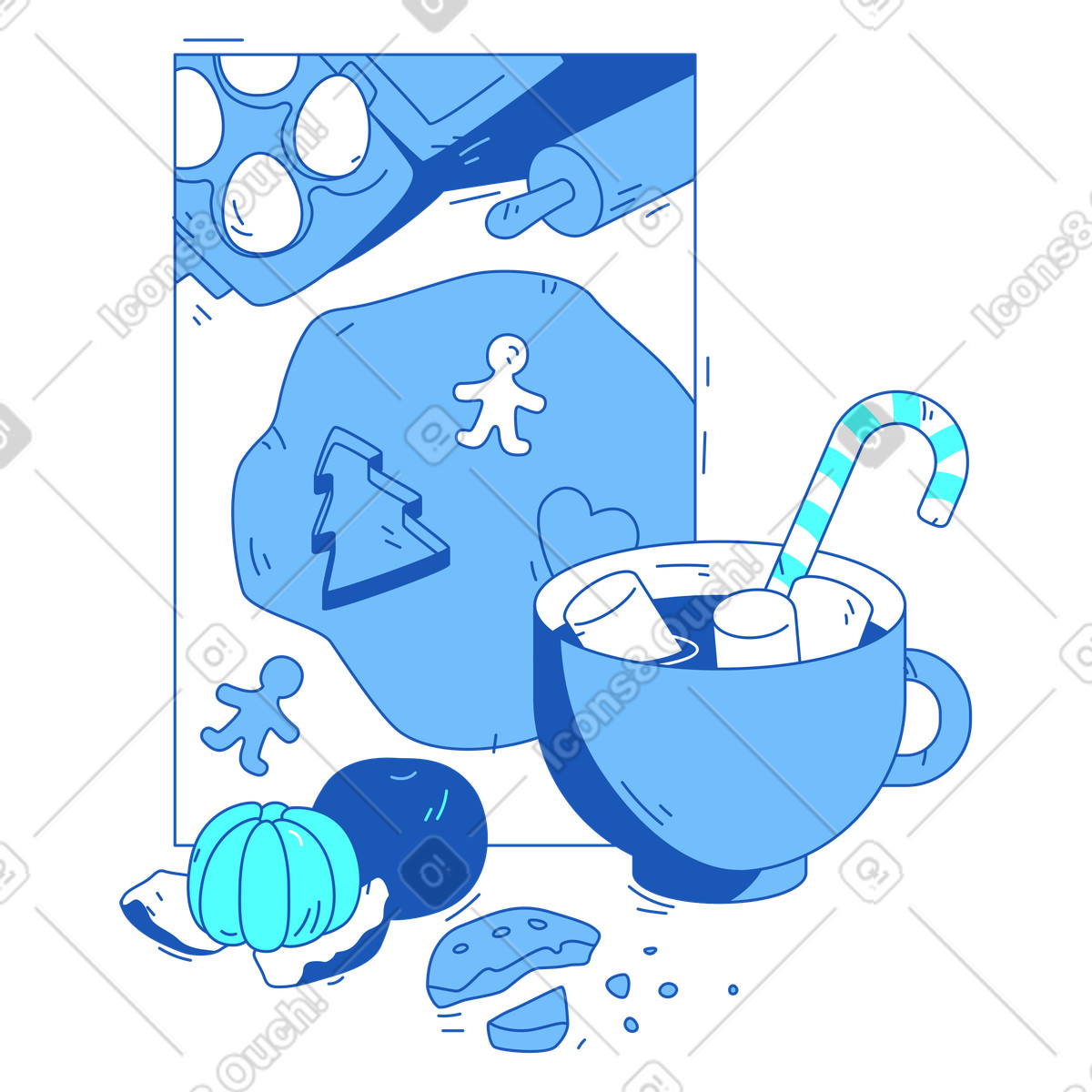 Weihnachtsleckereien: kakao, kekse und zitrusfr&uuml;chte-Illustration im Storyline-Stil als Download in PNG, SVG