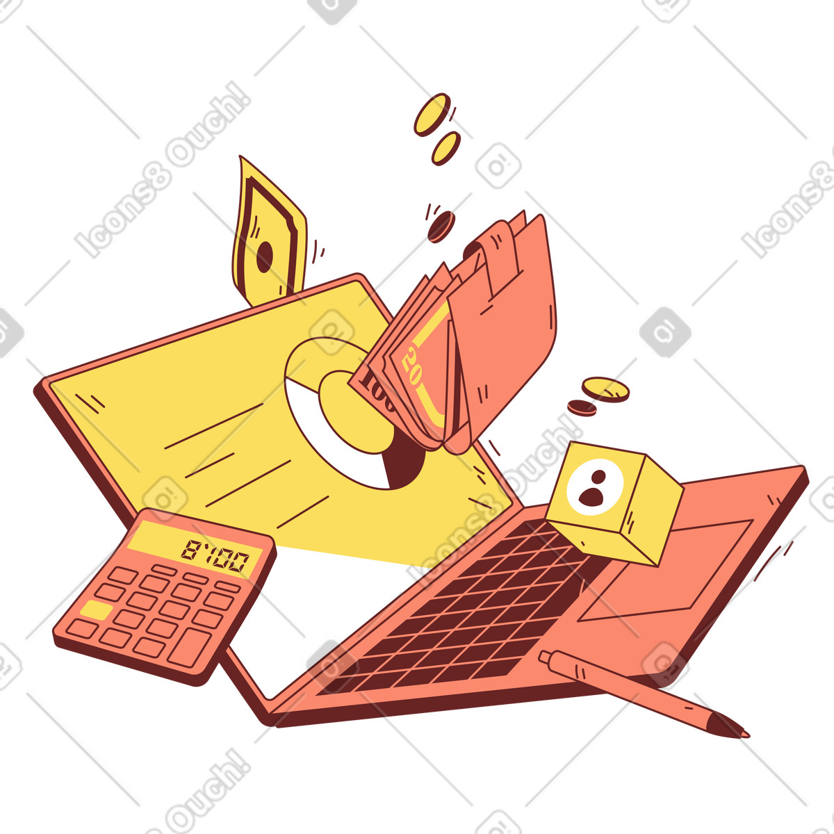 Laptop levitante e denaro per il digital banking illustrazione in stile Storyline scarica in PNG, SVG