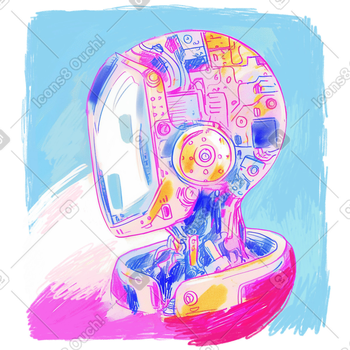 Illustration de tête robot futuriste, concept art technologie d'ia, dessin casque cyberpunk coloré dans le style Fuchsia à télécharger aux formats PNG, SVG