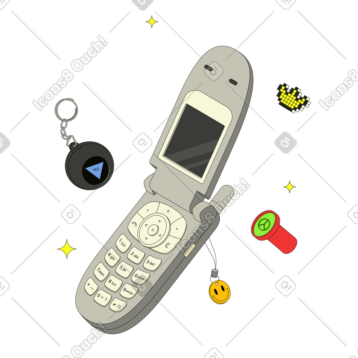 Ilustração animada de Flip phone e uma bola mágica em no estilo Retro para baixar em GIF, Lottie (JSON), AE