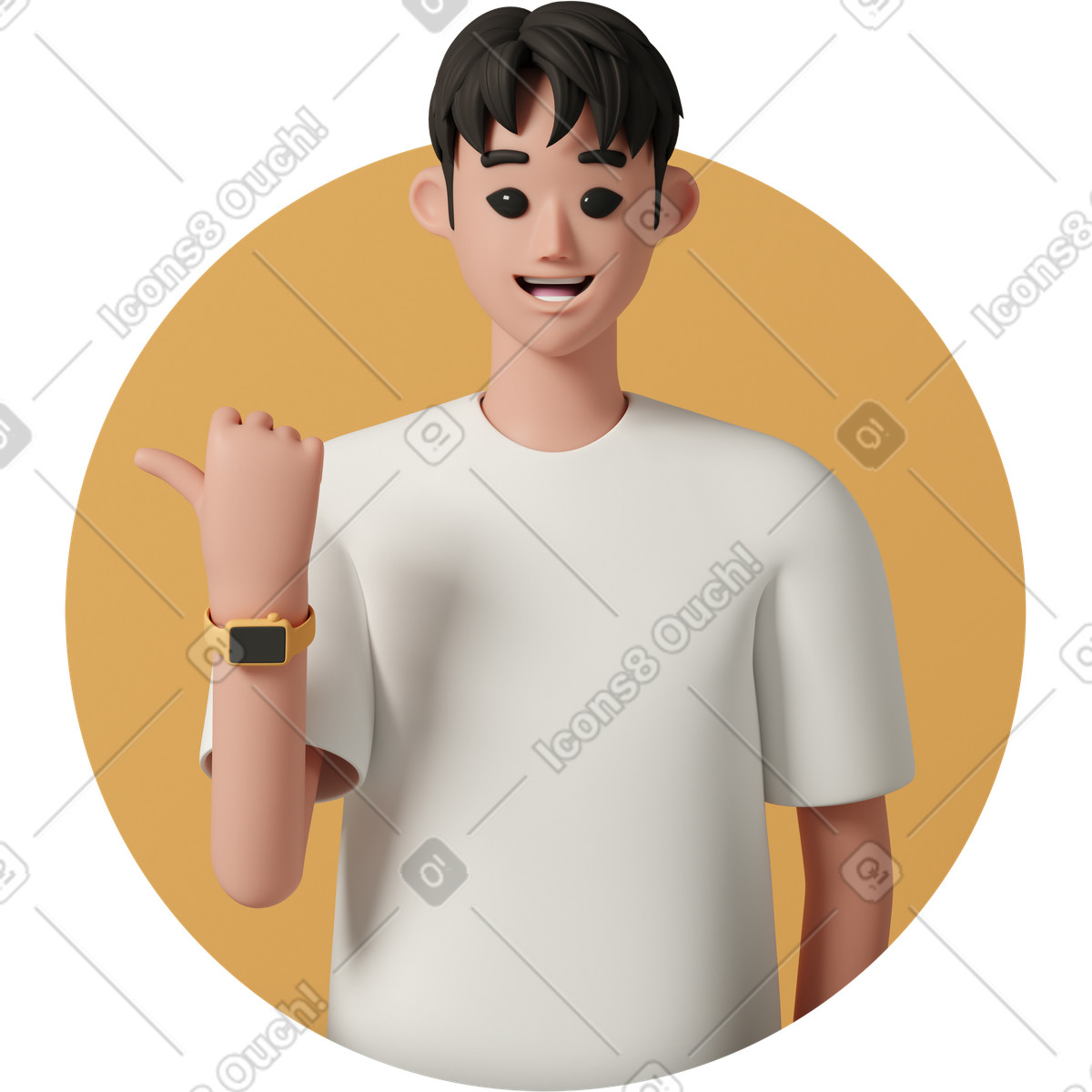 Illustration Young happy man points with finger to left side dans le style 3D Casual life à télécharger aux formats PNG, SVG
