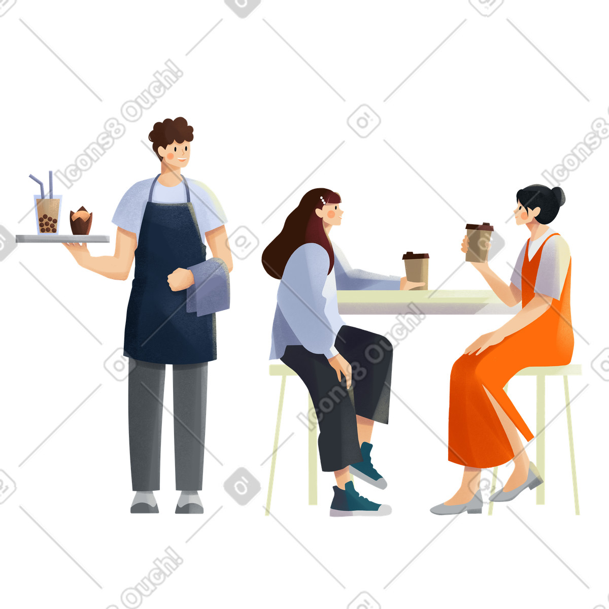 Ilustración Waiter brings an order for friends drinking coffee en estilo Shine a descargar en PNG y SVG