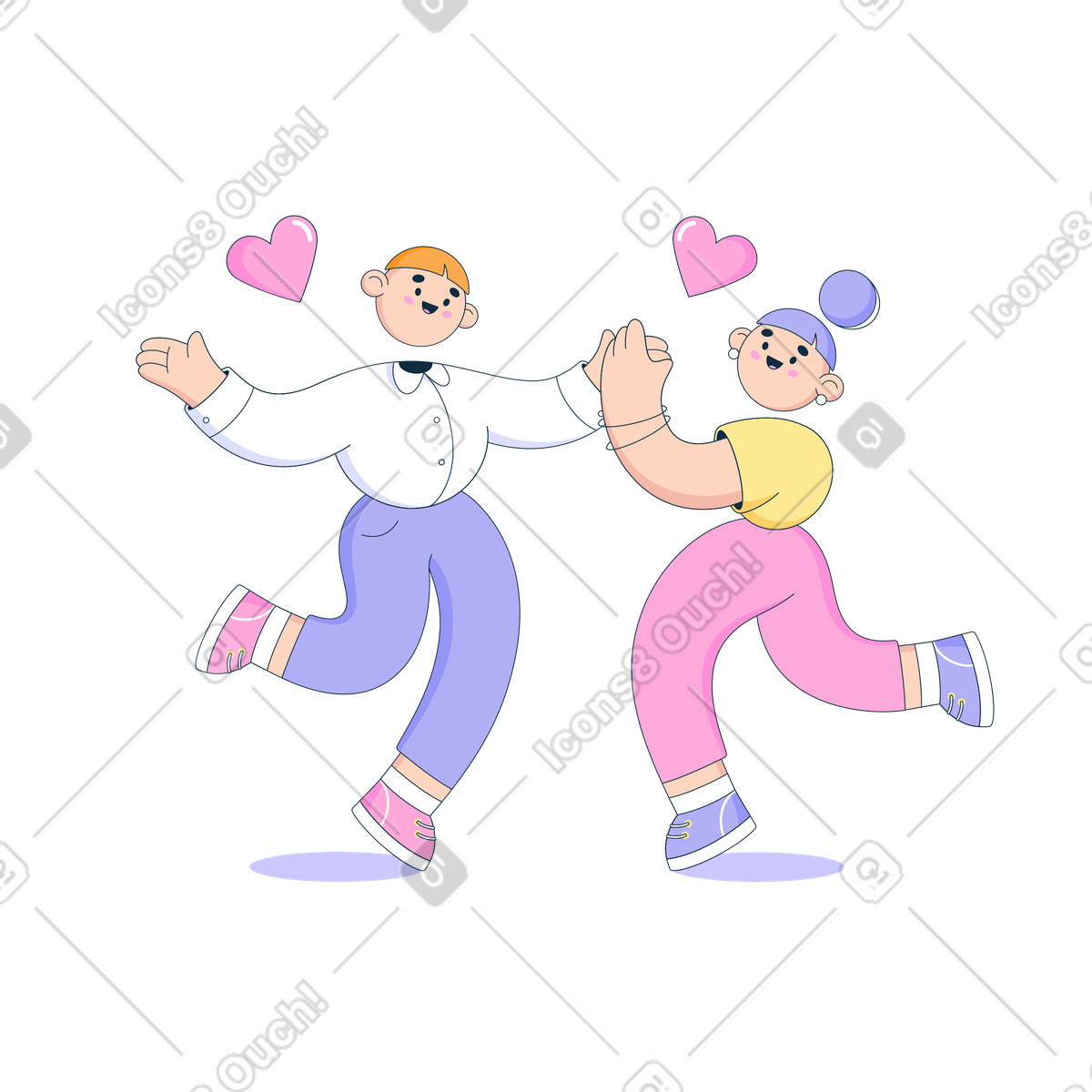 Bubble gum スタイルの ハートをかざして踊る男女 のイラストをPNG、SVG形式でダウンロード