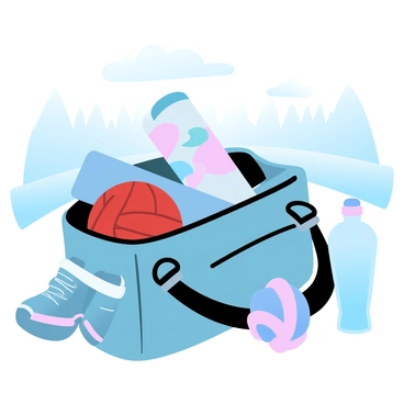 A sports enthusiast is packing a duffle bag with various equipment for a day of outdoor activities. The bag is open and being filled with a bright red basketball, a rolled-up yoga mat, and a set of colorful resistance bands. Next to the bag, a pair of sturdy hiking boots and a water bottle are placed on the ground. In the background, a grassy field can be seen with trees lining the edges, suggesting an active and vibrant outdoor environment.
