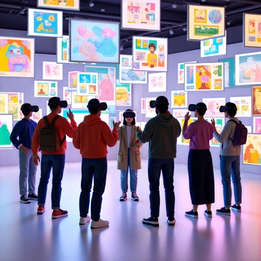 A group of diverse art enthusiasts is immersed in a virtual reality art gallery. They are wearing VR headsets and are surrounded by vibrant digital masterpieces displayed on floating screens. The scene captures the individuals engaging with various pieces, pointing and discussing the intricate details of the artwork. The background features an array of colorful abstract compositions, giving the impression of a dynamic and immersive environment. The lighting is bright and focuses on the art, creating a captivating atmosphere for the viewers.