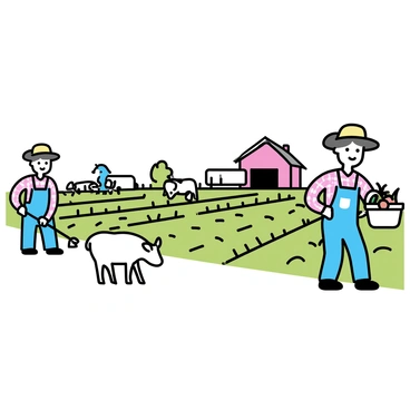 A wide view of a farm, with several farmers planting crops in neat rows in the fields. One farmer, wearing a straw hat and overalls, is using a hoe, while another, dressed in a plaid shirt, is carrying a basket filled with vegetables. In the foreground, a few cows and sheep are grazing on lush green grass. A red barn stands in the background, flanked by a wooden fence. The sunlight casts shadows across the fields, highlighting the busy activity of the farm.