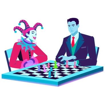 A joker with a whimsical expression, wearing a vibrant costume adorned with mismatched patterns and bright colors, is sitting at a chess table. Across from him sits a serious opponent, clad in a formal dark suit, his face stern and focused. The chessboard is filled with an array of colorful pieces, each uniquely designed, standing out against the classic black and white squares. The background features a playful atmosphere, enhancing the contrast between the joker's lighthearted demeanor and his opponent's intense concentration.