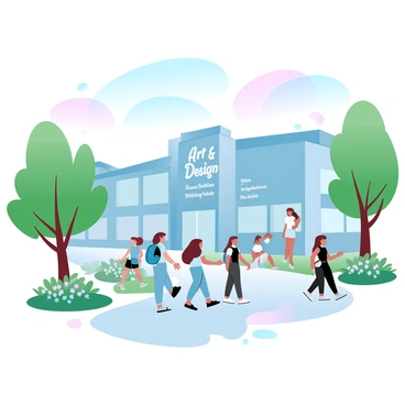 A Canadian university campus is depicted with students walking along a pathway. A large building prominently features a sign that reads "Art & Design." The students are dressed in casual attire, some carrying backpacks while others hold art supplies. Surrounding the building are trees with vibrant green leaves, and flower beds filled with colorful blooms. Some students are engaged in conversation, while others are focused on their devices. The sky above is a gradient of soft pastel colors, creating a tranquil atmosphere.