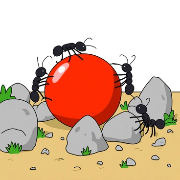 A group of small black ants is collaborating to transport a large red berry across a rocky landscape. The ants are lined up in a row, each one gripping a different part of the berry with their mandibles. The berry is vibrant and glossy, contrasting against the rough, gray rocks scattered throughout the terrain. Some of the ants are climbing over the rocks, while others are navigating around them. The ground is uneven, with patches of green moss and tiny pebbles adding texture to the scene. The sky above is clear, indicating a sunny day, filling the environment with bright, warm light.
