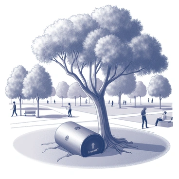 A time capsule, made of metal, is partially buried beneath the roots of a large tree. The tree has a thick, gnarled trunk and a sprawling canopy, providing shade in the busy park. Surrounding the tree are neatly manicured lawns and walking paths bustling with people enjoying their day. Some individuals are sitting on benches, while others are walking dogs or playing with children nearby. The time capsule has small engravings and a rusted surface, indicating its age. Sunlight filters through the leaves, creating patterns of light and shadow on the ground.