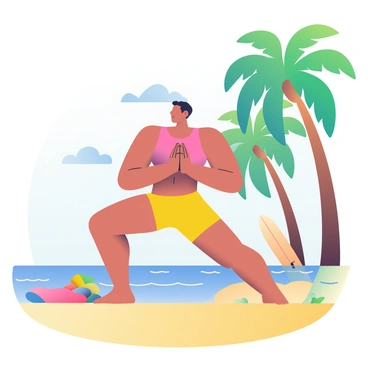 A person practicing yoga on a tropical beach, with visible strong abs