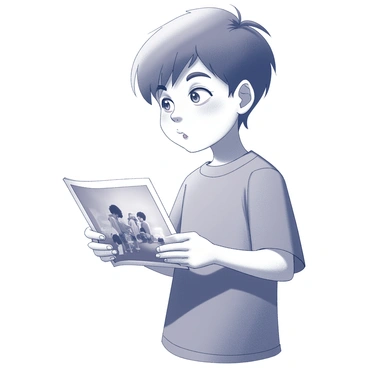 A young boy is standing, holding a photograph in his hands. The boy's expression is one of nostalgia, with his brow slightly furrowed and eyes gazing intently at the image. His hair is tousled, and he is wearing a simple shirt. The photograph displays a scene that evokes memories, possibly depicting a happy moment. The boy's posture suggests a sense of yearning, as he holds the photograph close to his chest while leaning slightly forward. Shadows play across his face, adding depth to his longing expression.