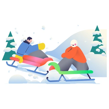 Two sledgers are in the foreground, just moments before colliding at the bottom of a snowy hill. One sledge has a red and white design, and the person on it is wearing a blue jacket, yellow gloves, and a black helmet. The other sledge is green, and the rider is dressed in a bright orange coat and gray pants, with a white helmet on their head. Snow is flying in all directions around them, creating a dynamic scene. The hill in the background is covered in fresh, powdery snow, and a few pine trees are visible on the sides, dusted with white.