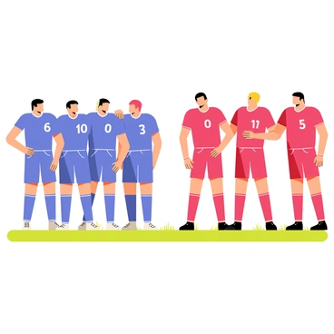 A sports team consisting of four players wearing blue jerseys stands together on one side. Each player has a distinct numeral on their jersey. On the opposite side, three players are wearing red jerseys, also showing unique numbers. The players are arranged in a dynamic pose, showcasing their unity and teamwork. The background features a grassy field, emphasizing the competitive nature of the scene.