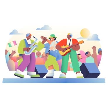 A group of musicians is performing on a stage at an open-air concert. Each musician has a distinct outfit, with vibrant colors reflecting their individual styles. One musician is passing a shiny silver saxophone to another, who is preparing to play it. A third musician, wearing a bright red shirt, holds a guitar and smiles at the audience. In the background, there are colorful banners fluttering in the breeze. The crowd is enjoying the performance, with hands raised and some people dancing in front of the stage. The sky is clear, and the setting sun casts a warm glow over the scene.
