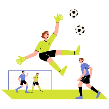 A female soccer goalie in action, leaping to block a fast-moving ball during a competitive game.
