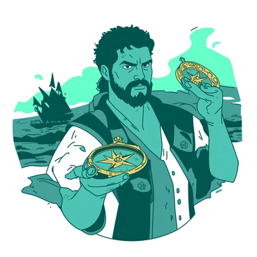 A teal pirate with a rugged appearance is holding a beautifully ornate golden compass in his right hand. The compass has intricate engravings and a shiny golden finish that catches the light. The pirate's expression is focused and determined, with a furrowed brow and narrowed eyes. He is dressed in traditional pirate attire, featuring a tattered white shirt and a dark blue vest. In the background, there are hints of a stormy sea and a dark ship silhouette, adding to the adventurous atmosphere.