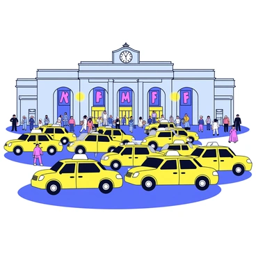 A busy taxi stand filled with yellow cabs parked in a row. The cabs have their headlights on, illuminating the area. In the background, there is a large, iconic building that resembles Grand Central Terminal, featuring its ornate architecture and a clock above the entrance. The scene is bustling with people waiting for rides and carrying bags. The ground is wet, reflecting the lights from the cabs and the building.