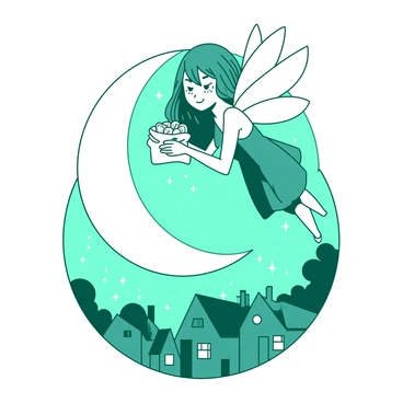 A teal tooth fairy with delicate wings is resting on a white crescent moon. The moon is adorned with small twinkling stars, and below, there is a peaceful sleeping village with tiny houses, their windows glowing softly. The fairy is gazing down at the world with a gentle smile, holding a small white pouch filled with teeth. Her hair flows gracefully in the night breeze, complementing the tranquil scene.
