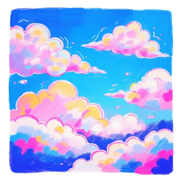 A blue sky is filled with fluffy white clouds. Some of the clouds are shaped like faces when viewed from specific angles. Each face has distinct features, including eyes, noses, and mouths, formed by the unique arrangement of the clouds. Sunlight casts a soft glow on the clouds, highlighting their contours and adding depth to their expressions. The scene is peaceful, invoking a sense of wonder as the viewer gazes up at the sky, searching for more faces among the cloud formations.
