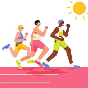 A group of diverse athletes sprinting on a red running track. The athletes include a tall runner with long legs, a muscular runner with broad shoulders, a shorter runner with a powerful build, and a slender runner with an agile form. Each athlete wears colorful sports attire that represents various cultures, featuring bright shorts and tank tops. Their facial expressions show determination and focus as they compete. The sun shines overhead, casting dynamic shadows on the track.