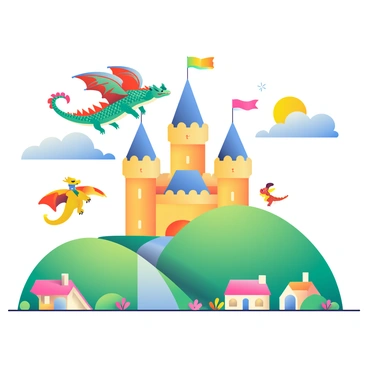 A colorful digital cartoon kingdom is spread across the scene, featuring a large castle with tall spires and colorful banners waving in the breeze. The castle is made of bright stone with a blue roof, surrounded by rolling green hills. In the sky above, several dragons are flying. One dragon is a vibrant green with shimmering scales, another is a deep red with large wings, and a smaller yellow dragon is playfully darting around. Below, there are whimsical houses with rounded roofs and flower-filled gardens. The sun is shining brightly in a blue sky dotted with fluffy white clouds.