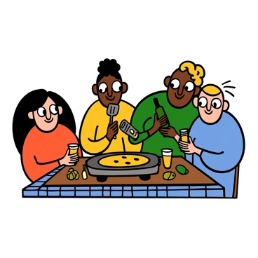 A cozy indoor dinner scene featuring a group of four friends gathered around a raclette grill on a wooden table. The table is adorned with a checkered tablecloth and various ingredients like potatoes, vegetables, and cheese ready for melting. Two light-skinned women with big eyes are smiling while holding spatulas, one with long dark hair and the other with short curly hair. A dark-skinned man with big eyes is pouring drinks from a bottle into glasses, while the fourth friend, a light-skinned man with big eyes and sandy hair, is adjusting the grill. Soft lighting creates a warm atmosphere, highlighting the joy and camaraderie among them.