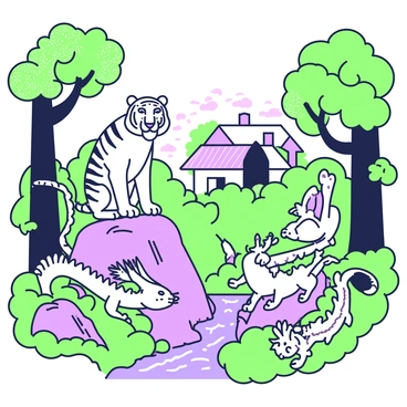 A vibrant scene from a famous Korean folk tale unfolds in a dense forest. In the center, a majestic tiger with striking features stands atop a boulder, its eyes reflecting wisdom. Beside the tiger, a clever rabbit is perched, its ears perked up and gaze fixed on the tiger. Surrounding them are various mythical creatures, including a phoenix with splendid feathers that seem to shimmer, and a dragon coiling gracefully among the trees, its scales glimmering. The backdrop features tall, lush trees with intricate leaf patterns, and a small stream flows gently in the foreground, adding a sense of tranquility to the lively scene. In the distance, a traditional Korean house peeks through the foliage, symbolizing the connection between nature and folklore.