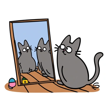 A cat with gray fur and big eyes is sitting on a wooden floor, staring bewildered at a mirror. The mirror reflects multiple versions of the cat, each with slight variations in posture and expression. The cat's ears are perked up, and its tail is slightly puffed as it examines the reflections. The room has soft lighting, and there are a few colorful toys scattered around, adding detail to the scene.