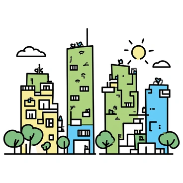 A futuristic city skyline featuring tall buildings of various geometric shapes. Each building is covered in lush greenery, with vines cascading down the sides and balconies filled with plants. The sky is clear with a few clouds, and the sun is setting, casting a warm glow over the scene. In the foreground, there are walkways and trees that connect the buildings, creating a harmonious blend of nature and architecture.