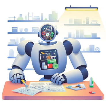 A robot is being assembled on a wooden workbench. The robot has a metallic body with various sections exposed, showcasing intricate wiring and circuits. Small tools like a screwdriver and pliers are scattered around the workspace. A blueprint of the robot's design is partially visible on the bench, with detailed diagrams and notes. The background features shelves filled with electronic components and spare parts, creating a cluttered yet organized environment. A warm light overhead illuminates the scene, highlighting the shiny surfaces of the robot's parts.