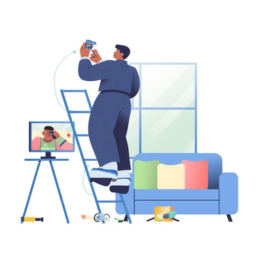 A technician with short black hair and wearing a navy blue uniform is installing a home security system in a bright living room. He is standing on a ladder, carefully attaching a small black camera to the corner of the ceiling. Tools are scattered around him, including a screwdriver, a drill, and a roll of cable. In the background, a large window lets in natural light, and a comfortable sofa with colorful cushions is positioned along one wall. A digital monitor displaying security footage sits on a nearby table.