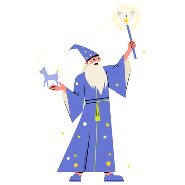 A wizard wearing a long, flowing robe with stars and moons patterns raises a wand high above his head. A bright, glowing light streams from the tip of the wand, taking the shape of a luminous animal form emerging into the air. The animal is depicted with ethereal features, glowing softly in shades of blue and white. The wizard has a focused expression, with his long beard flowing gently in an unseen breeze, and his other hand is outstretched as if guiding the charm. Surrounding the scene are small sparkles of light, enhancing the magical atmosphere of the moment.