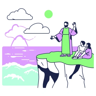 A sermon being delivered from a dramatic cliffside overlooking a vast ocean expanse