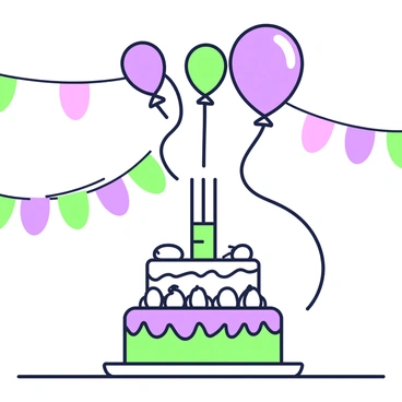 A birthday cake is placed on a table, featuring multiple layers decorated with frosting. Above the cake, there are several balloons made from paper clips, each shaped in a cluster. The paper clips are tied together with thin strings, resembling floating balloons, in various arrangements. The balloons appear to be lifting slightly above the cake. In the background, an assortment of colorful party decorations can be seen, enhancing the festive atmosphere of the scene.