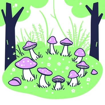 A circle of mushrooms is arranged neatly on the forest floor, creating a fairy ring in a glade surrounded by tall trees. The mushrooms have varying shapes and sizes, with some being tall and slender, while others are short and round. The ground is covered with green grass and small wildflowers, adding texture to the scene. Sunlight filters through the leaves above, creating dappled patterns on the ground. In the background, hints of ferns and moss-covered stones can be seen, completing the enchanting atmosphere of the forest glade.