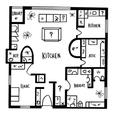 A detailed floor plan of a "spooky haunted house" layout is displayed. The plan includes numerous rooms labeled with titles like "Library," "Parlor," "Kitchen," and "Attic." The outline of creaky wooden floors is visible throughout, with dark, jagged lines indicating areas where the floors may be unstable. Several hidden rooms are shown, marked with question marks, suggesting secret passages or concealed entrances. Cobwebs are illustrated in corners of rooms, and eerie symbols are drawn on the walls. Shadows and darkened corners create an ominous atmosphere, enhancing the haunted theme of the house.