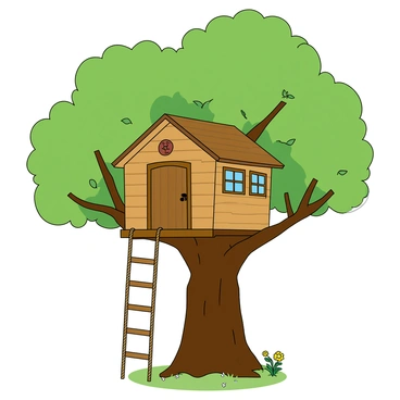A wooden treehouse built among the thick branches of a large green tree. The treehouse has small windows with colorful shutters and a sturdy wooden door. A long, sturdy rope ladder hangs down from the treehouse, swaying slightly in the breeze. The branches around the treehouse are lush with leaves, and a few birds are perched on the branches nearby. The ground below is covered in soft grass, and there are a couple of wildflowers sprinkled around the base of the tree.